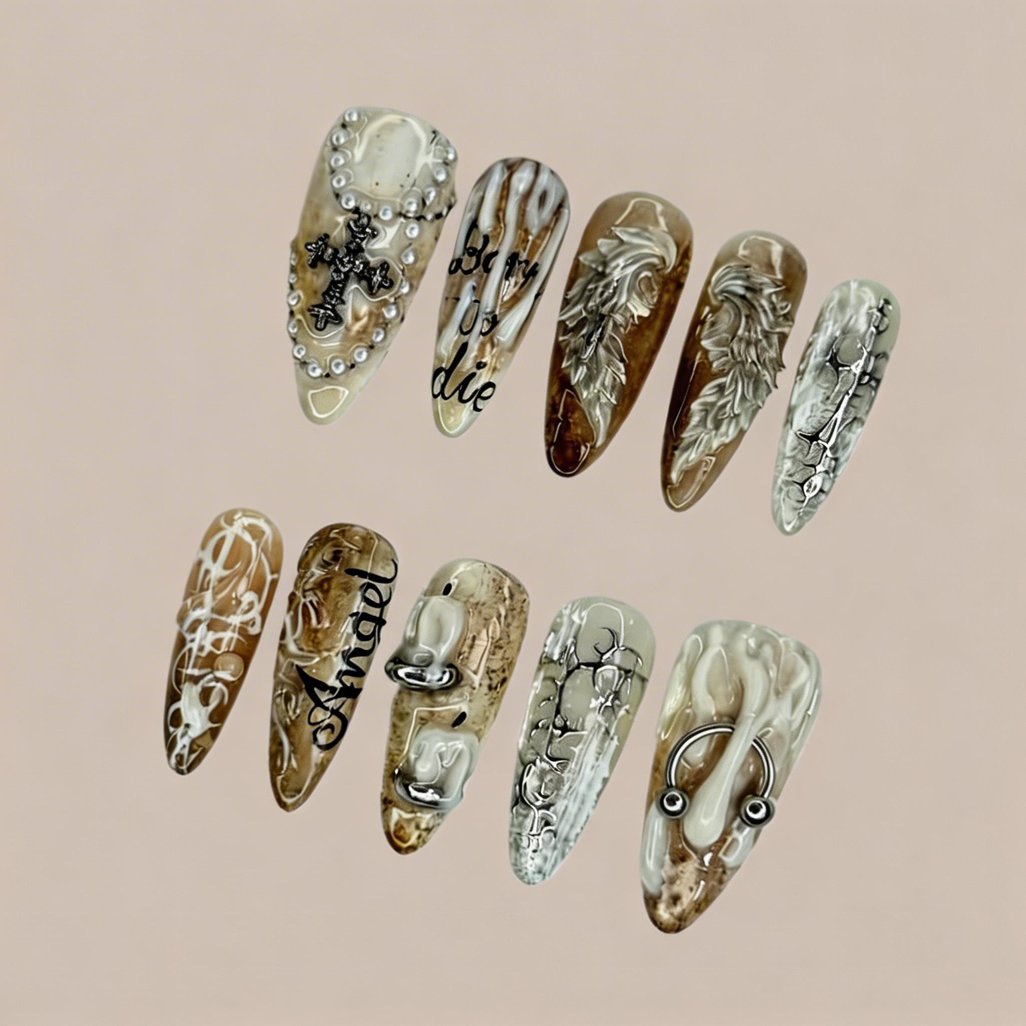 Gothic Angel Press On Nails | 3D Wing, Candle, Cross Art with Dark Academia Style