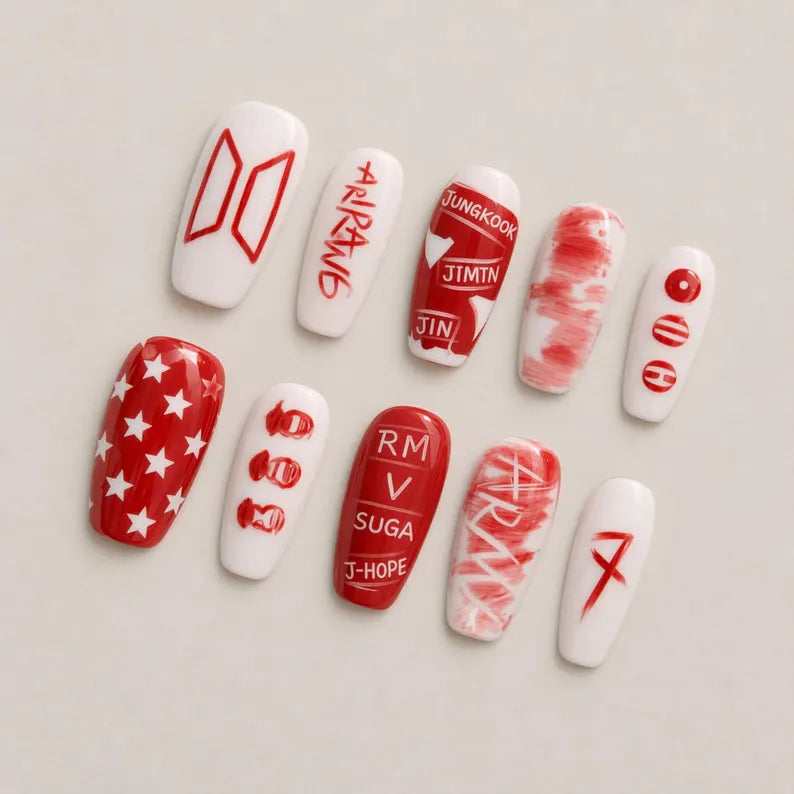 BTS Member Name Press On Nails | Red & White Graffiti Aesthetic | Hand-Painted OT7 K-Pop Nails | Custom Coffin Shape Reusable Gel Nails