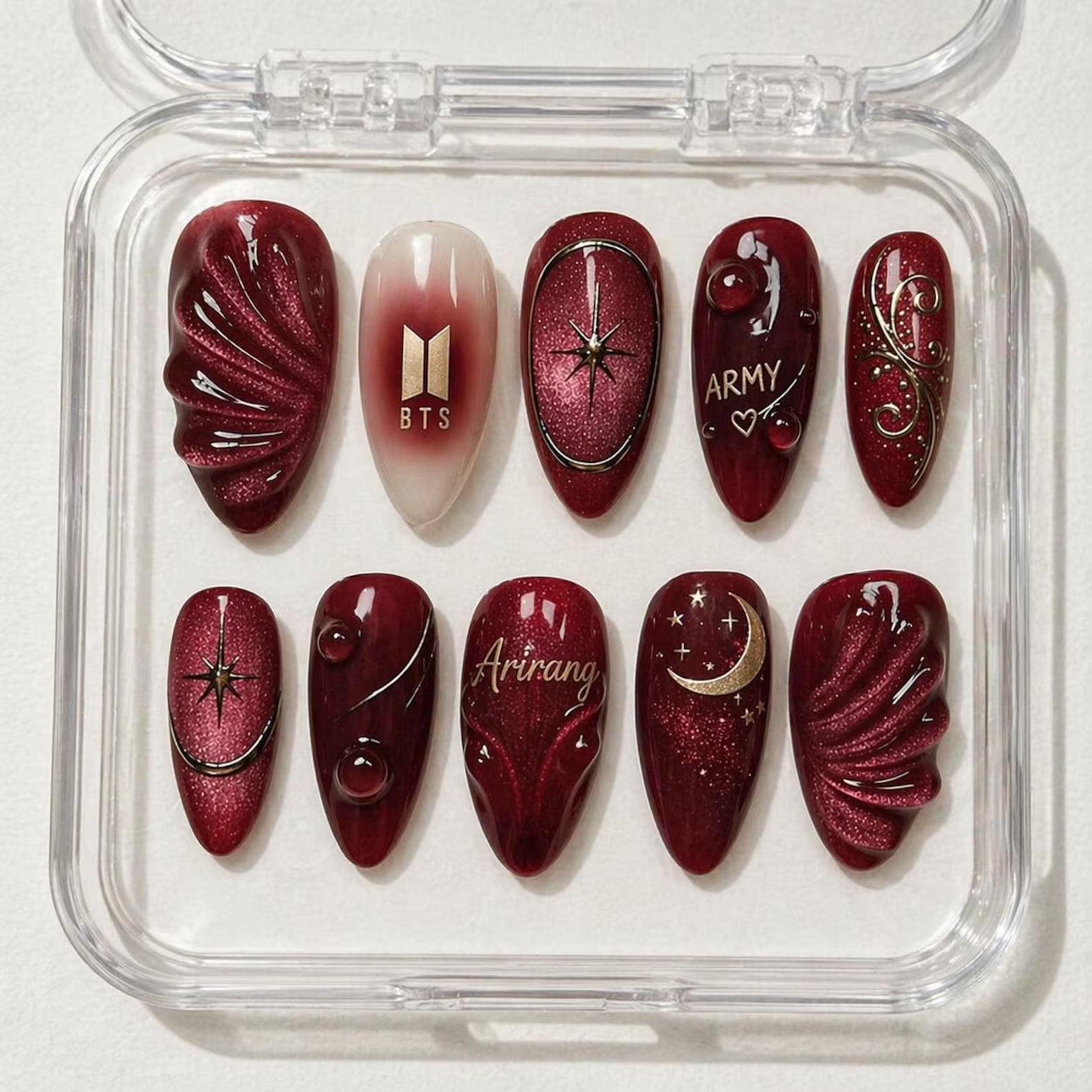 BTS Burgundy Cat Eye Press-On Nails | Luxury 3D Celestial K-Pop Nail Art