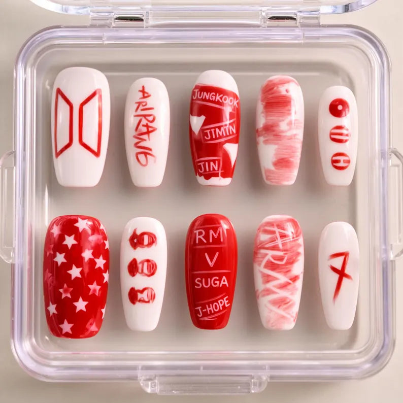 BTS Member Name Press On Nails | Red & White Graffiti Aesthetic | Hand-Painted OT7 K-Pop Nails | Custom Coffin Shape Reusable Gel Nails
