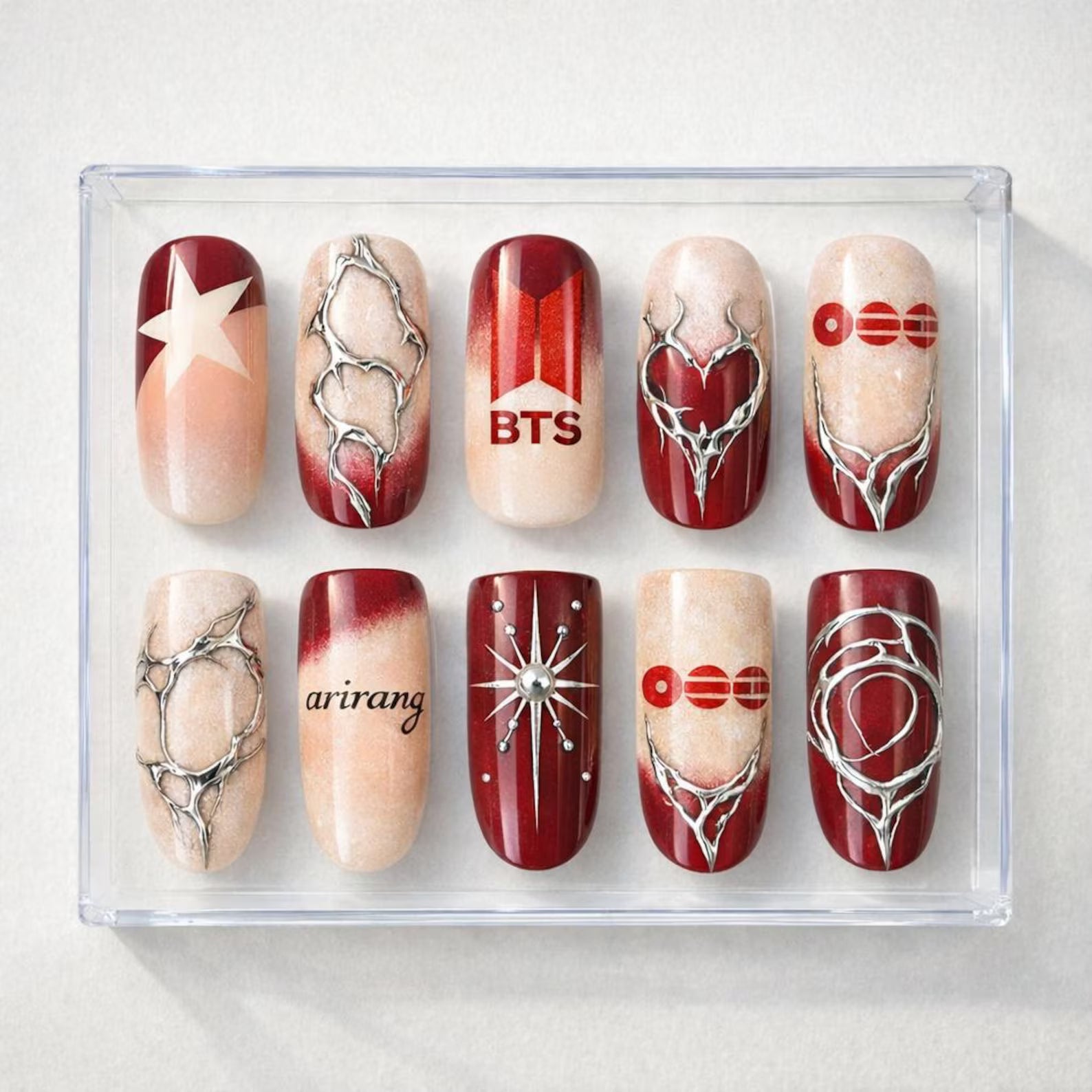 BTS "Arirang" Tour Press-On Nails | Custom Red & Silver K-Pop Nail Art