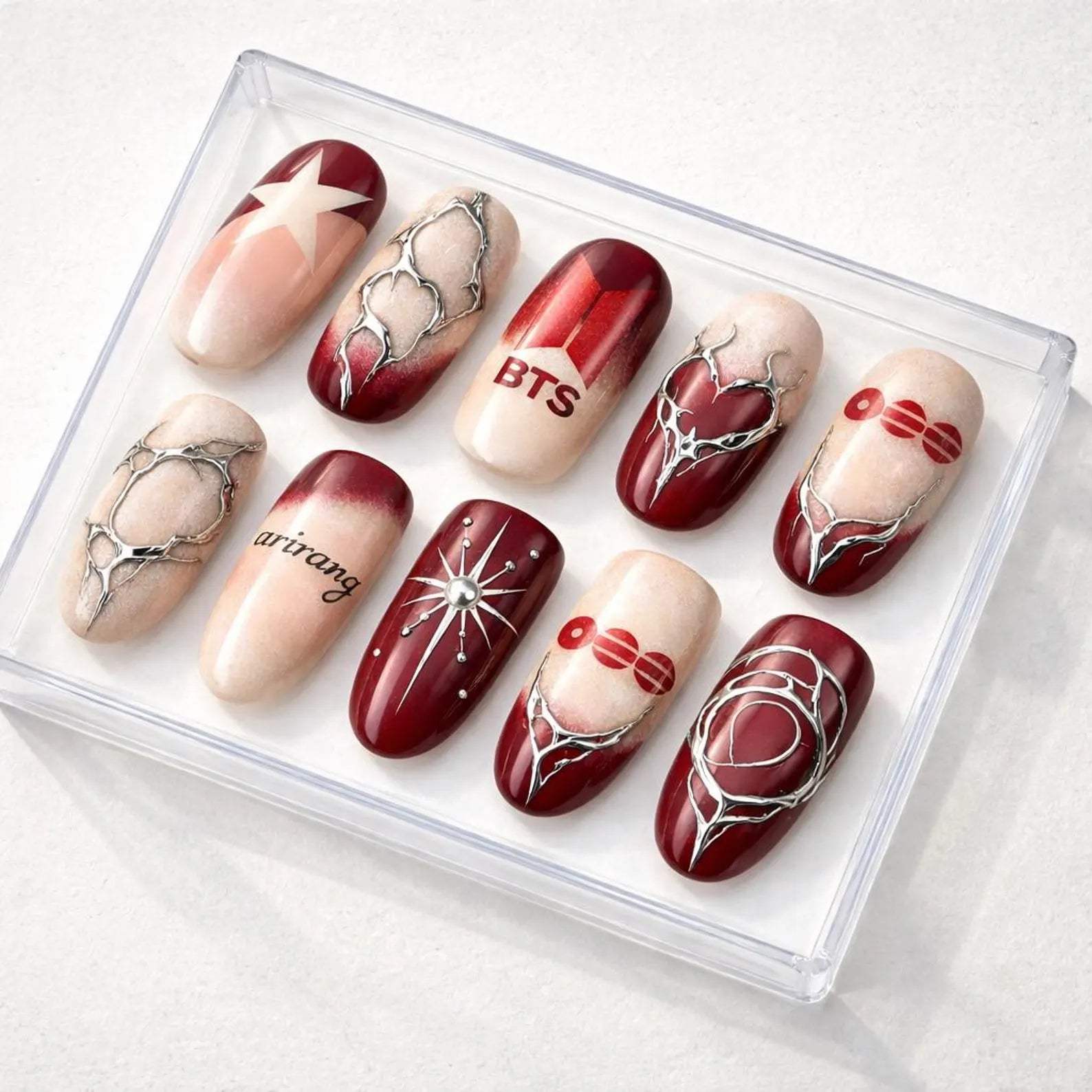 BTS "Arirang" Tour Press-On Nails | Custom Red & Silver K-Pop Nail Art