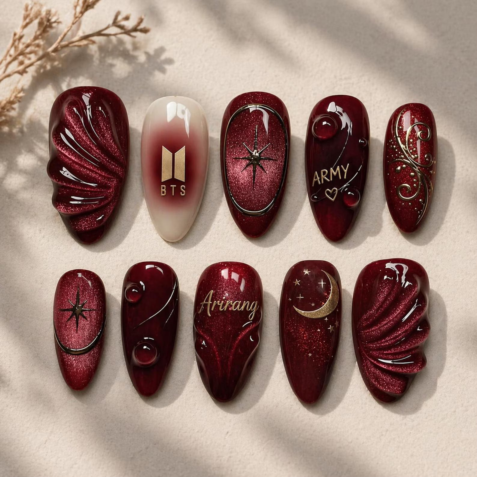 BTS Burgundy Cat Eye Press-On Nails | Luxury 3D Celestial K-Pop Nail Art