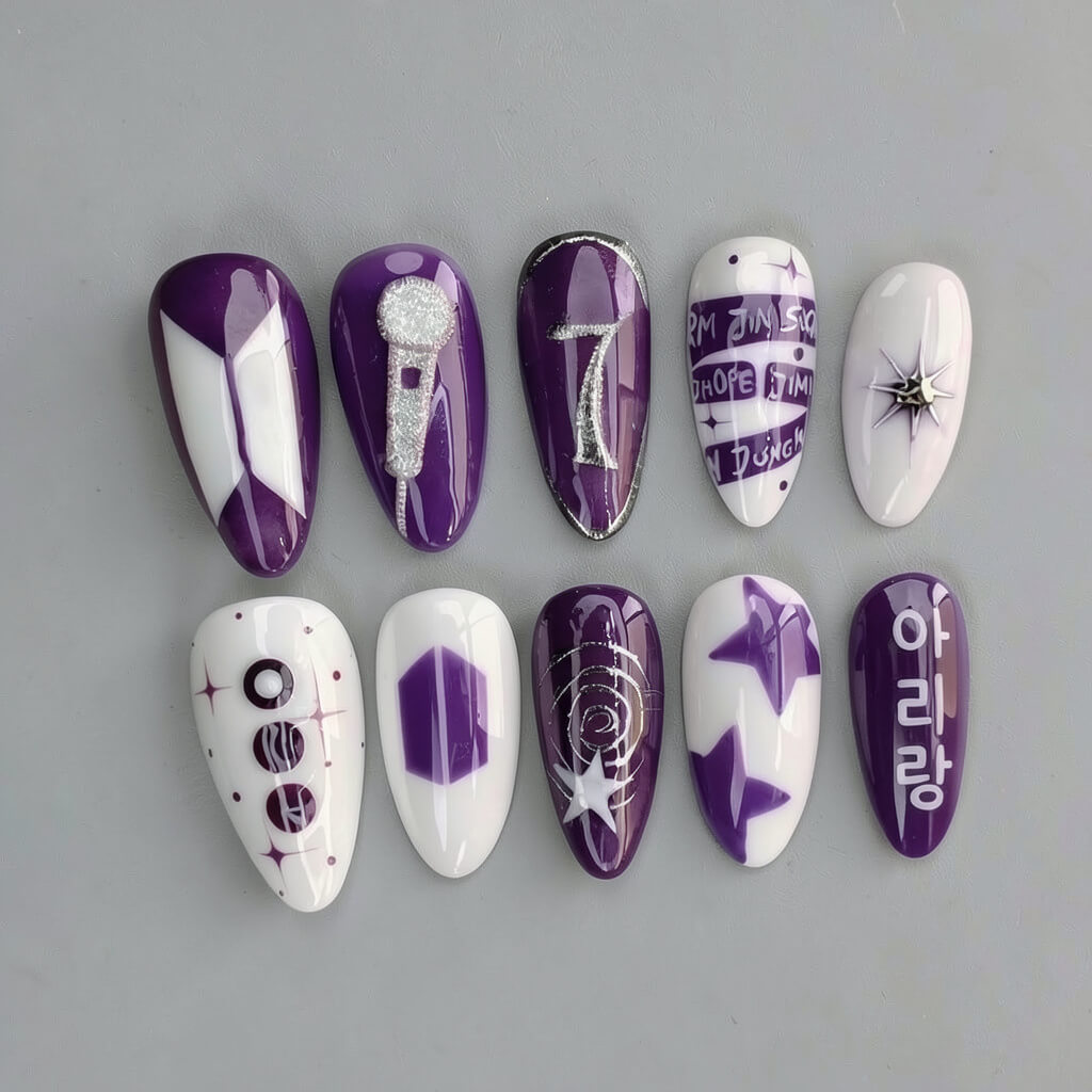 Borahae Purple K-Pop Fan Press-On Nails | Handmade Custom BTS Inspired Galaxy Manicure