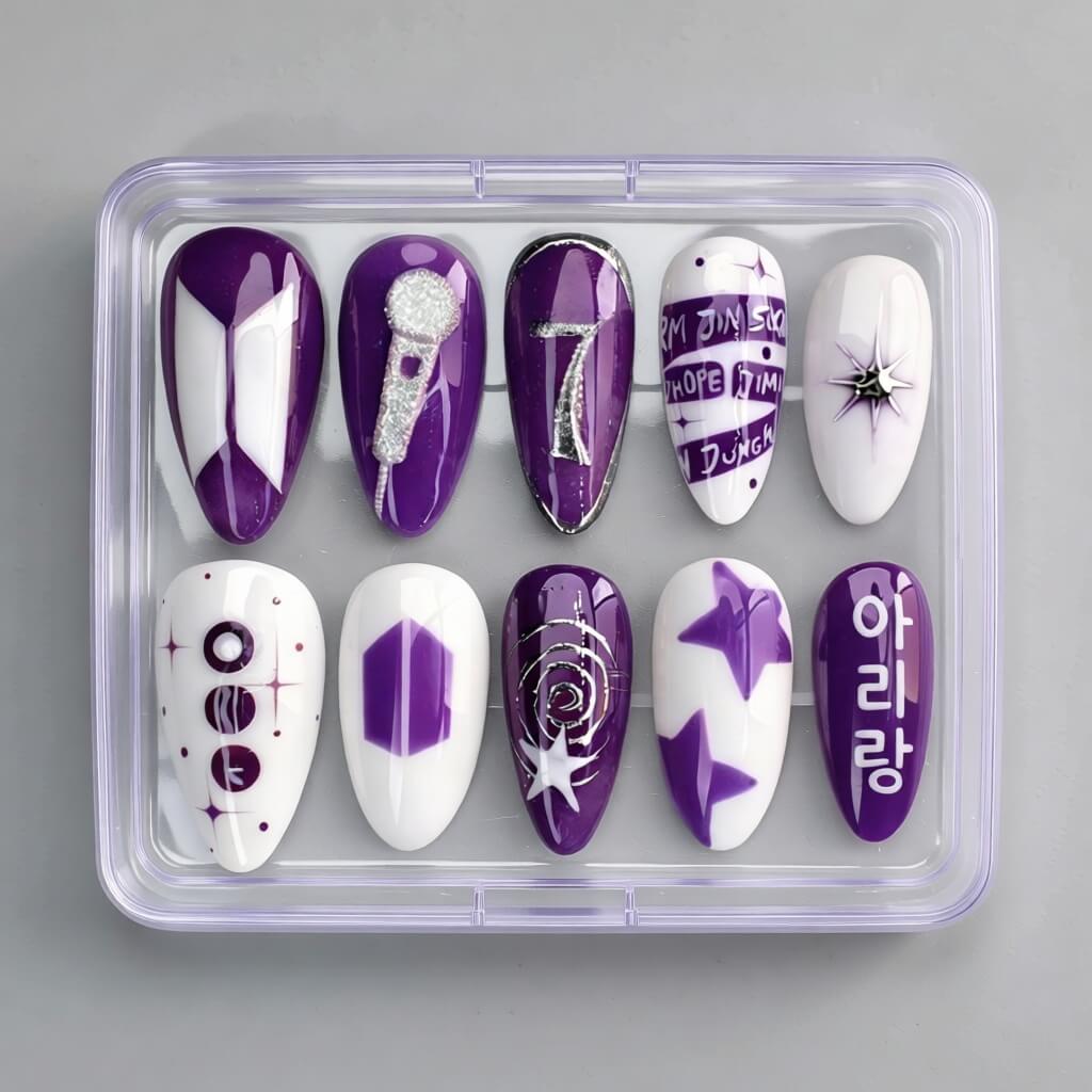 Borahae Purple K-Pop Fan Press-On Nails | Handmade Custom BTS Inspired Galaxy Manicure