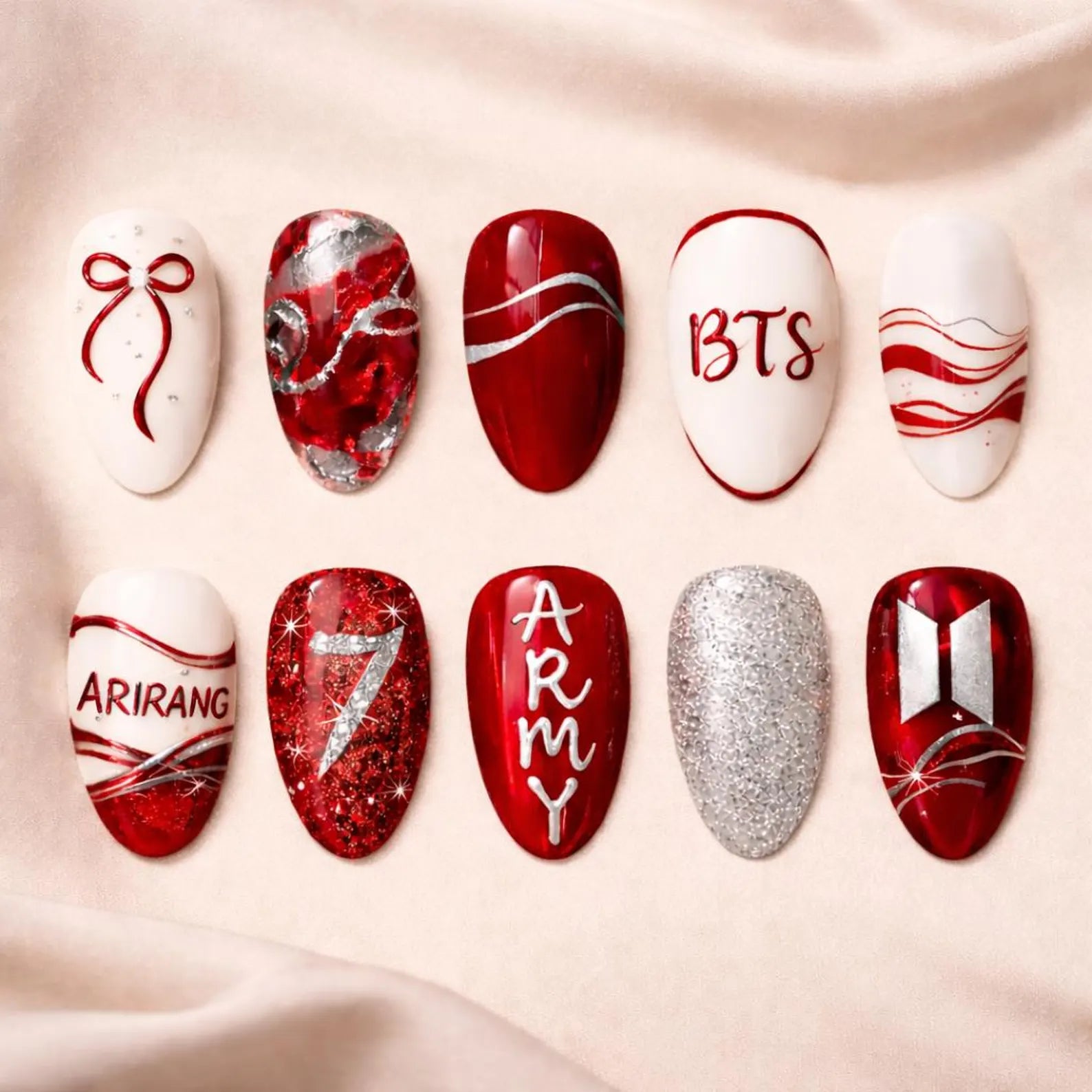 Glamour Red & Silver K-Pop Press-On Nails | Handmade Custom BTS Inspired Bow Manicure