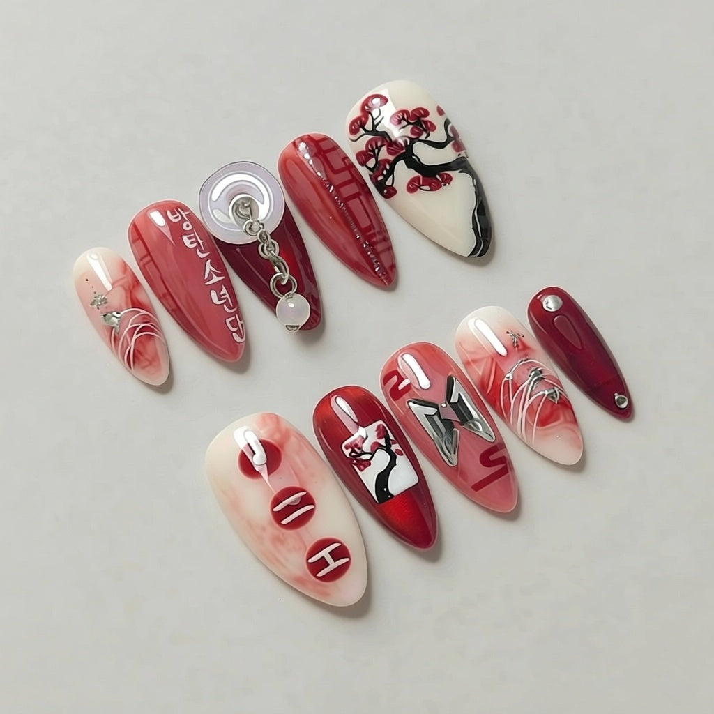 BTS Press On Nails, Red Ink Wash Oriental Art Nails