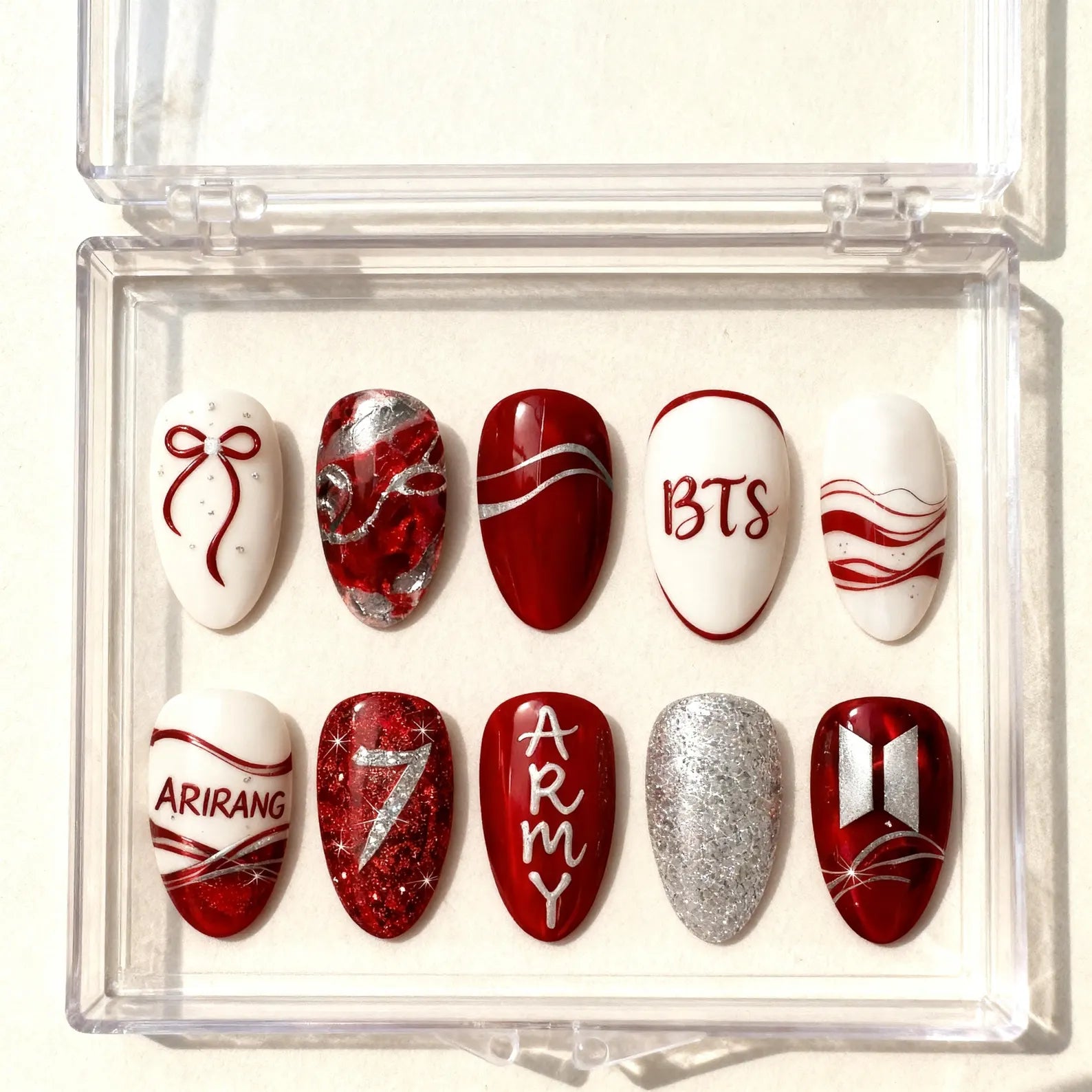 Glamour Red & Silver K-Pop Press-On Nails | Handmade Custom BTS Inspired Bow Manicure