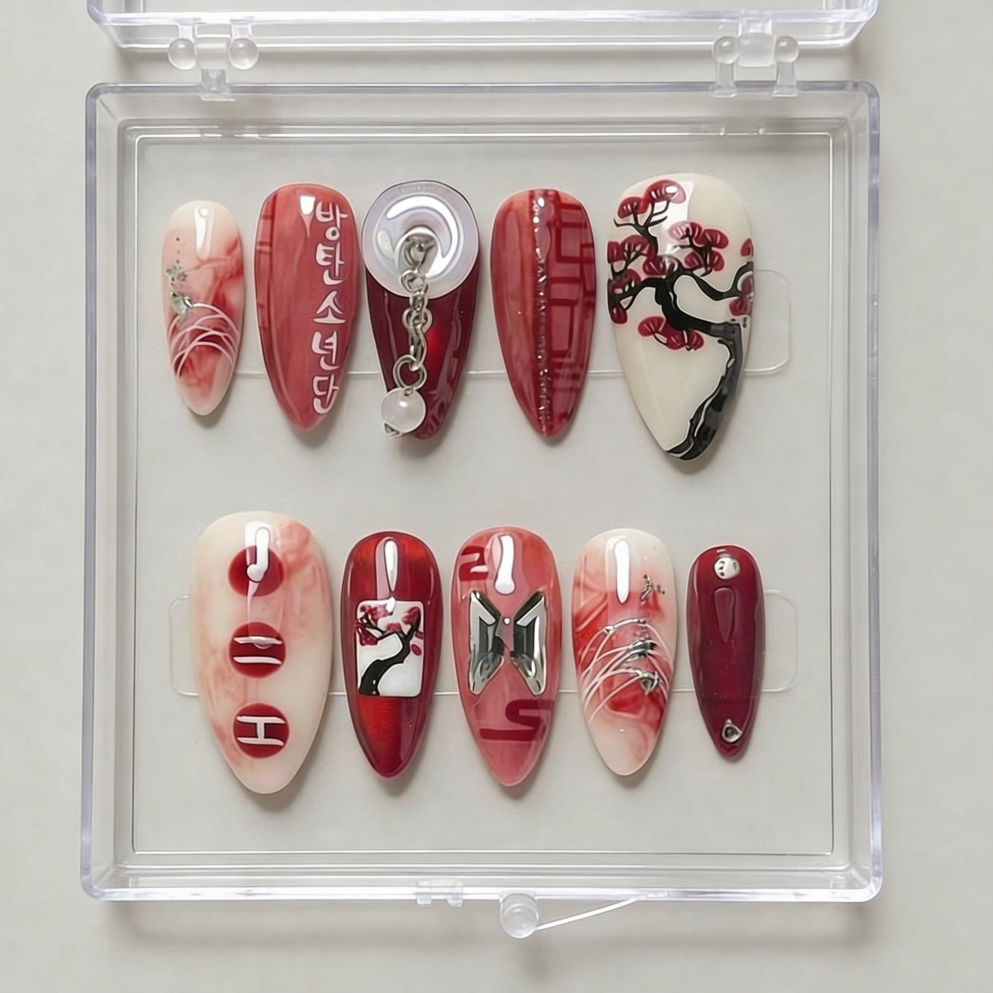 BTS Press On Nails, Red Ink Wash Oriental Art Nails