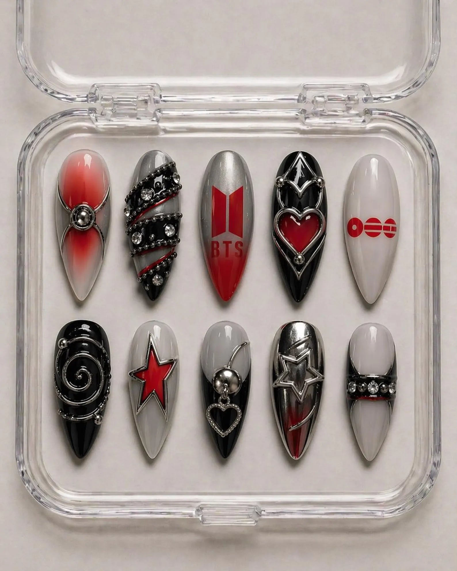 BTS Cyber Chrome Press On Nails | Hand-Painted Red & Black Y2K Aesthetic | 3D Metallic Heart & Star Luxury Gel Nails | Custom K-Pop Fan Nail Art