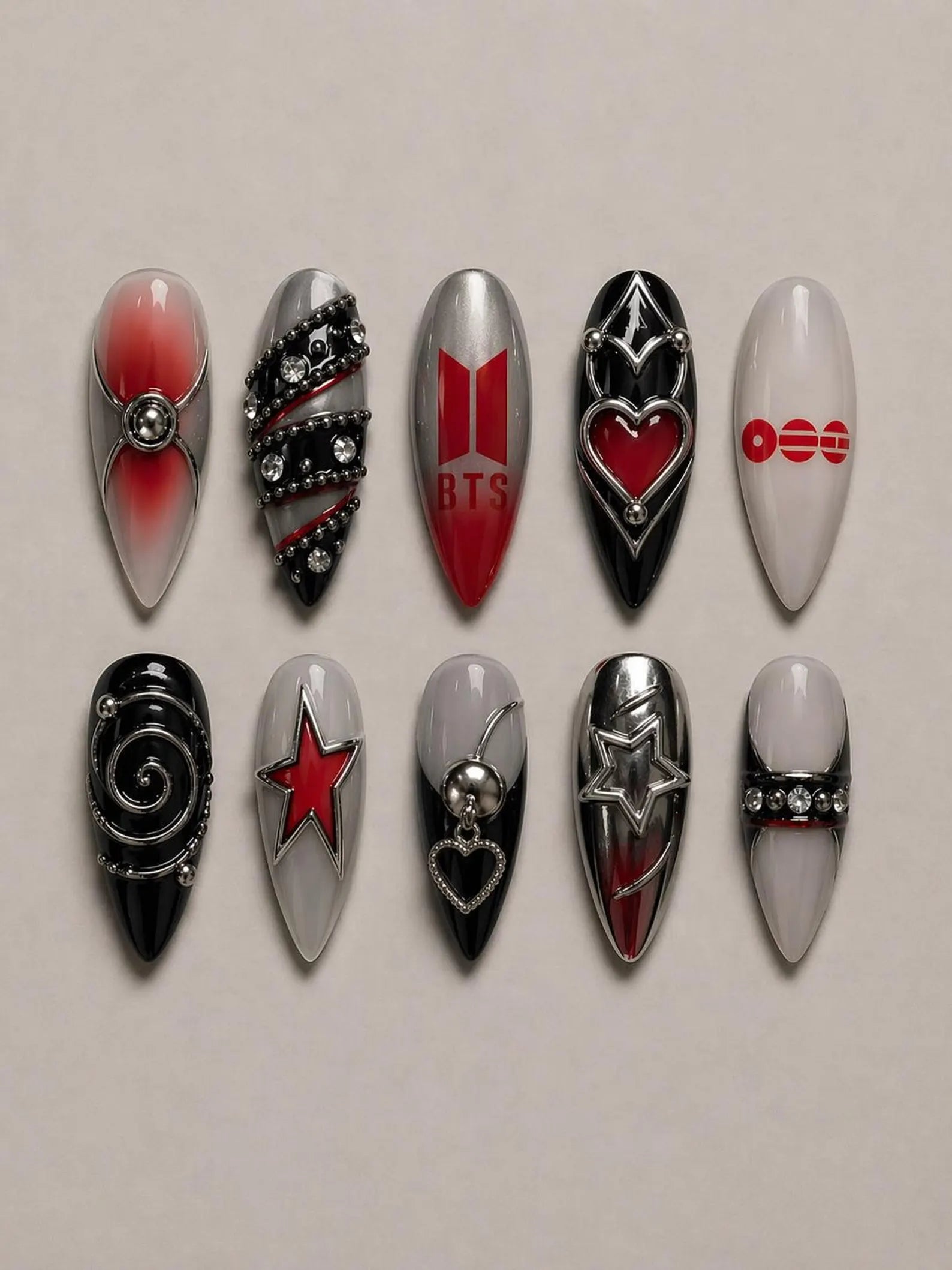 BTS Cyber Chrome Press On Nails | Hand-Painted Red & Black Y2K Aesthetic | 3D Metallic Heart & Star Luxury Gel Nails | Custom K-Pop Fan Nail Art