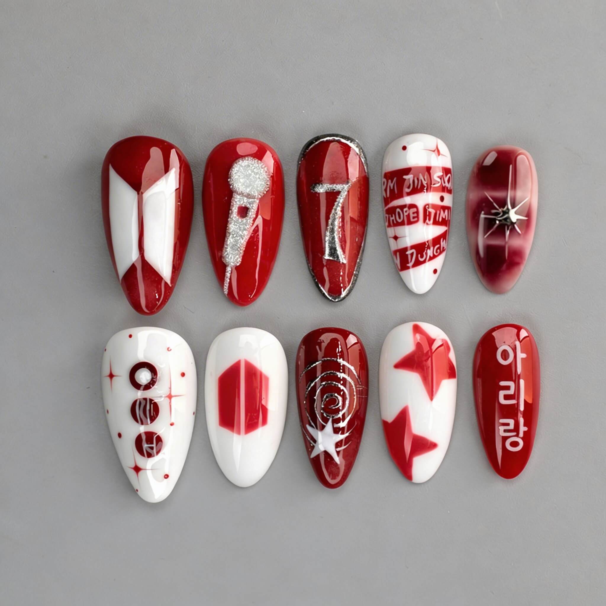 Signature Red K-Pop Fan Press-On Nails | Handmade Custom BTS Inspired Manicure